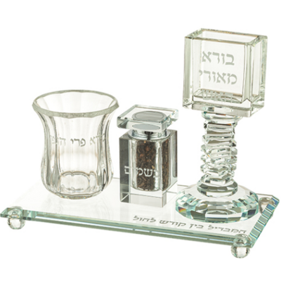 Set havdala en cristal sur plateau 22X11 cm