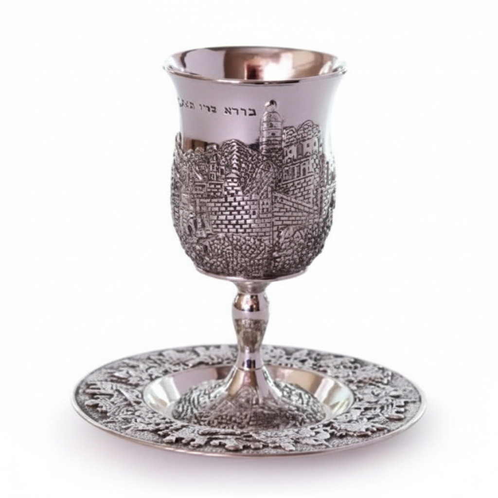 verre à kiddouch en métal argenté avec incrustation de la ville de Jerusalem