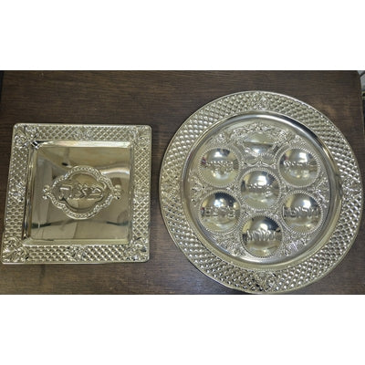 Ensemble Plateau de seder et plat à matsa en métal argenté