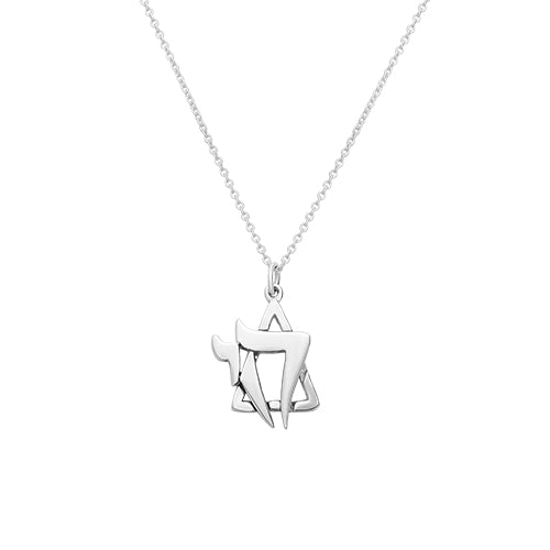 Pendentif Hai stylisé en maguen david plaqué argent avec sa chaine