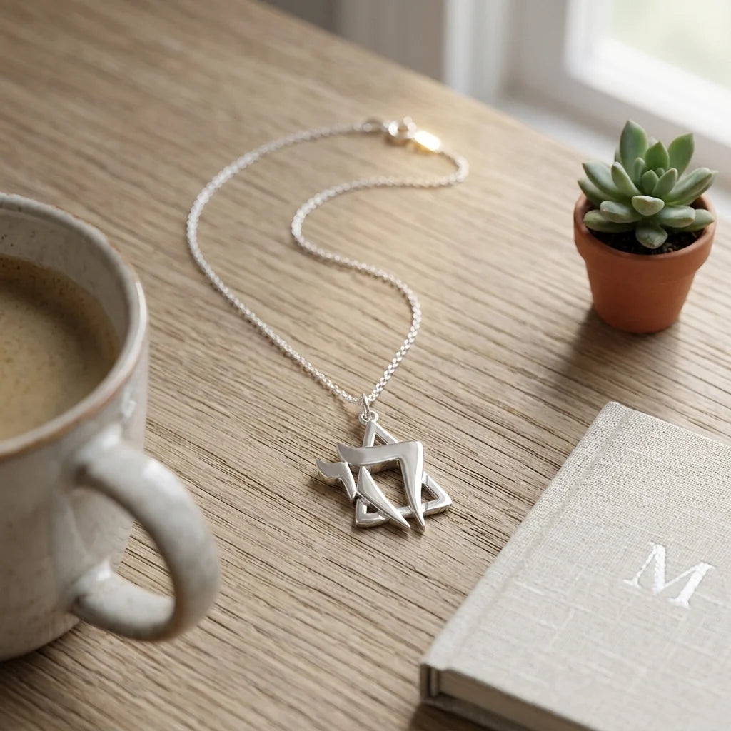 Pendentif Hai stylisé en maguen david plaqué argent avec sa chaine