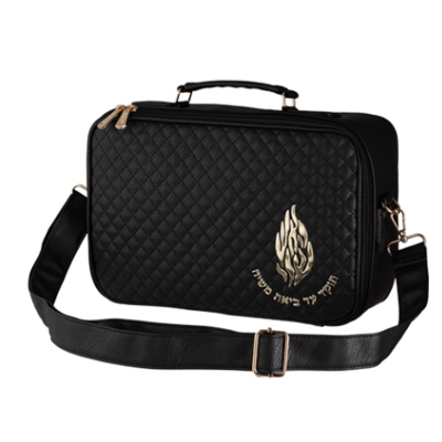SAC Malette similicuir noir avec bandoulière pour talit et téfilines avec inscription Breslev argent