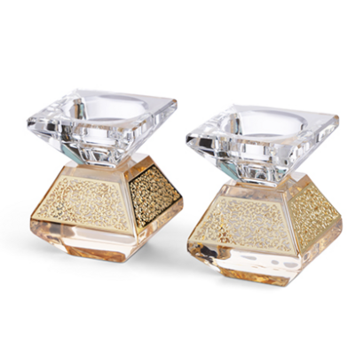 Bougeoirs en crystal couleur miel  avec déco plaque découpée dorée 7 cm