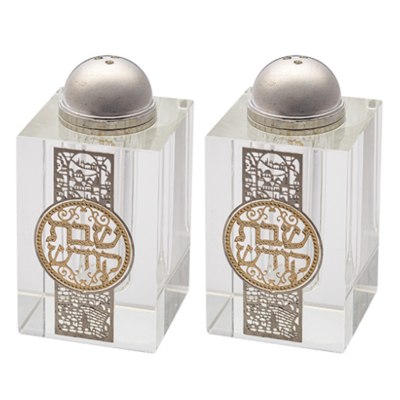 Salière et poivrière en crystal de 8,4 cm avec plaque décorée