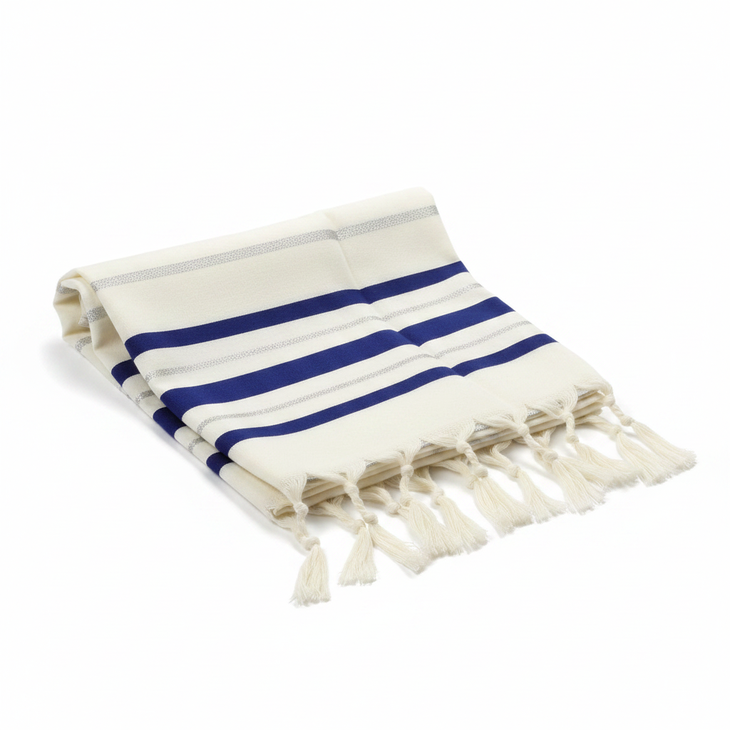 Talit Gadol bandes bleues larges avec liseret argent en laine : plusieurs tailles