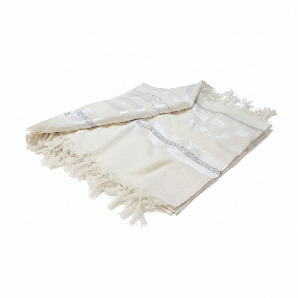 Talit gadol Blanc avec rayures argentées en laine Peignée Luxe (Taille 60)
